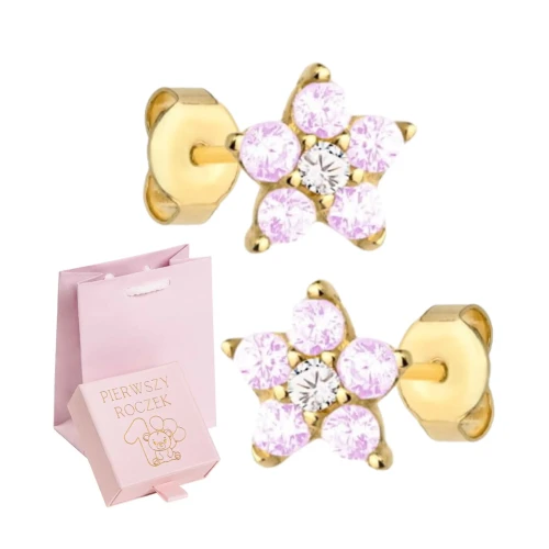 Kolczyki złote kwiatki z różowymi cyrkoniami 585 dla dziewczynki/ Chrzest/ Roczek