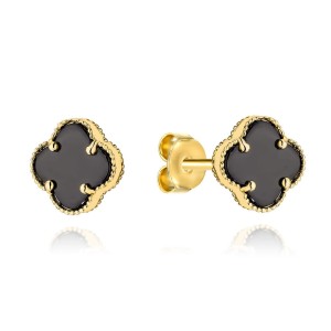 Kolczyki złote czarna koniczynka w oprawie złota 8mm