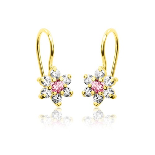 Złote kolczyki 585 kwiatki dla dziewczynki na biglu, Prezent na Chrzest, Roczek, Komunia