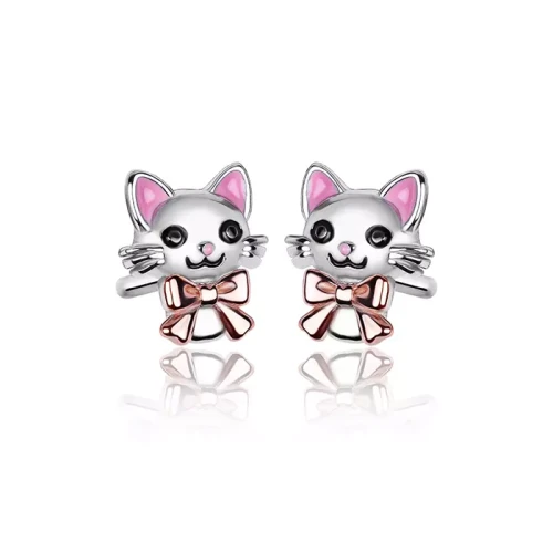 Kolczyki srebrne dla dziewczynki kotki z kokardką wkrętki/ Prezent dla dziewczynki