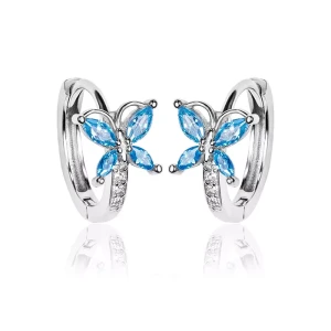 Srebrne kolczyki kółka z motylkiem zatrzask błękitna cyrkonia kreol