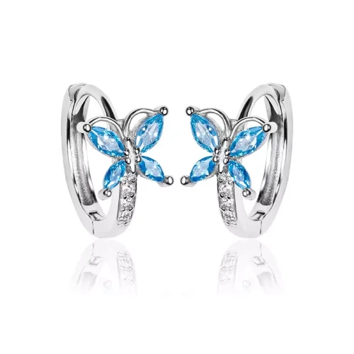Srebrne kolczyki kółka z motylkiem zatrzask błękitna cyrkonia kreol
