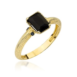 Pierścionek złoty z czarnym kamieniem i ozdobną szyną próba 585