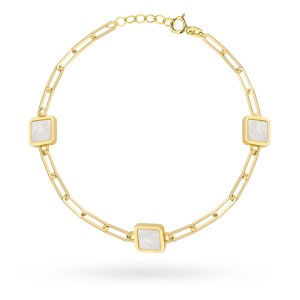Bransoletka złota długie ogniwa i kwadraty z masą perłową