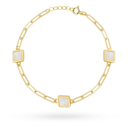 Bransoletka złota długie ogniwa i kwadraty z masą perłową