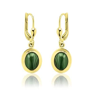 Złote kolczyki wiszące z Malachitem próba 585 Angielskie zapięcie