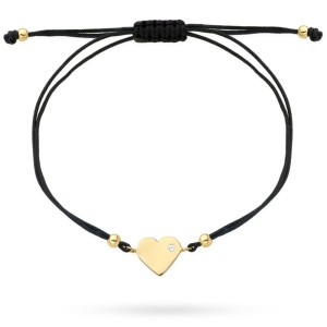 Bransoletka złote serce z cyrkonią na czarnym sznurku