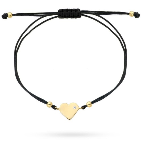Bransoletka złote serce z cyrkonią na czarnym sznurku