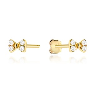 Kolczyki złote kokardki zdobione cyrkoniami na sztyfcie próba 585