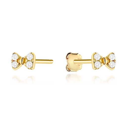 Kolczyki złote kokardki zdobione cyrkoniami na sztyfcie próba 585