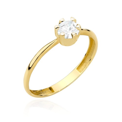 Pierścionek złoty z gładką szyną i centralną cyrkonią w sześciu łapkach