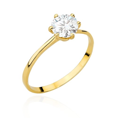 Pierścionek złoty klasyczny z centralną cyrkonią w sześciu łapkach