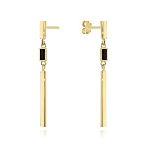 Kolczyki złote wiszące pałeczki z czarnym kamieniem