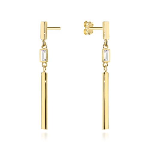 Kolczyki złote wiszące pałeczki z białym kamieniem