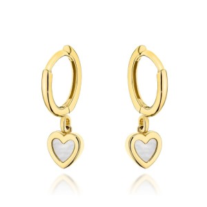 Kolczyki złote kółeczko z wiszącym serduszkiem z masą perłową 585