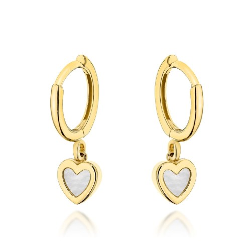 Kolczyki złote kółeczko z wiszącym serduszkiem z masą perłową 585