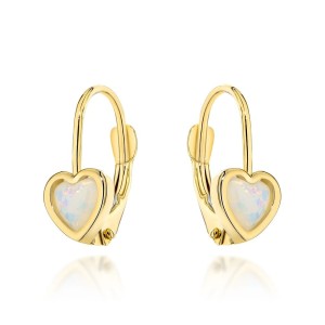 Kolczyki złote dla dziewczynki serduszka z opalitem angielskie zapięcie próba 585