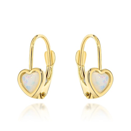 Kolczyki złote dla dziewczynki serduszka z opalitem angielskie zapięcie próba 585