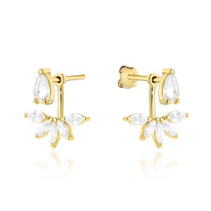 Kolczyki złote listki z cyrkoniami z biżuteryjnym zapięciem 2 w 1 próba 585