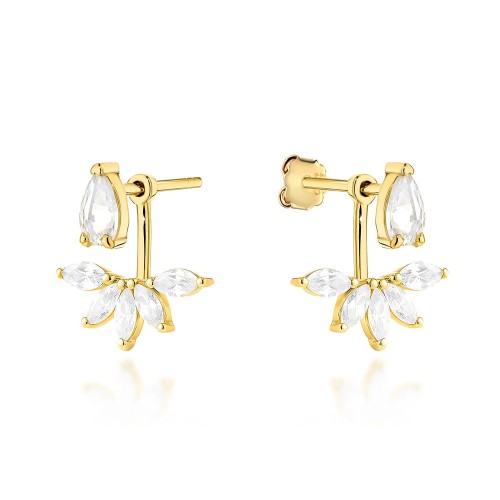 Kolczyki złote listki z cyrkoniami z biżuteryjnym zapięciem 2 w 1 próba 585