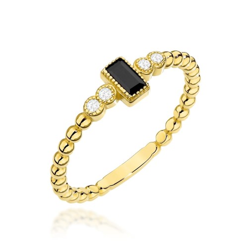 Pierścionek złoty z kuleczek z czarnym kamieniem i cyrkoniami próba 585