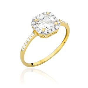 Pierścionek złoty z kwadratowym kamieniem, cyrkoniami i rodowaniem próba 585