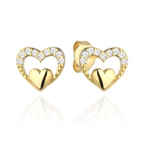 Kolczyki złote serduszko w sercu z cyrkonii próba 585/ Komunia, Chrzest