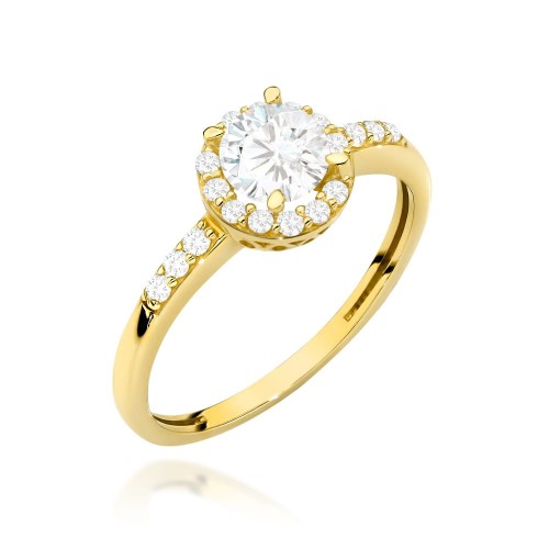 Pierścionek złoty z centralną cyrkonią w oprawie mniejszych i ozdobną szyną