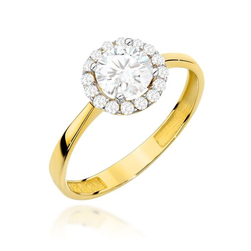 Pierścionek złoty z centralną cyrkonią w oprawie mniejszych i gładką szyną