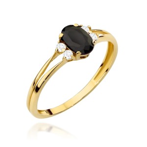 Pierścionek złoty z czarnym kamieniem zdobiony cyrkoniami 585