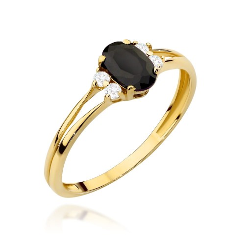 Pierścionek złoty z czarnym kamieniem zdobiony cyrkoniami 585