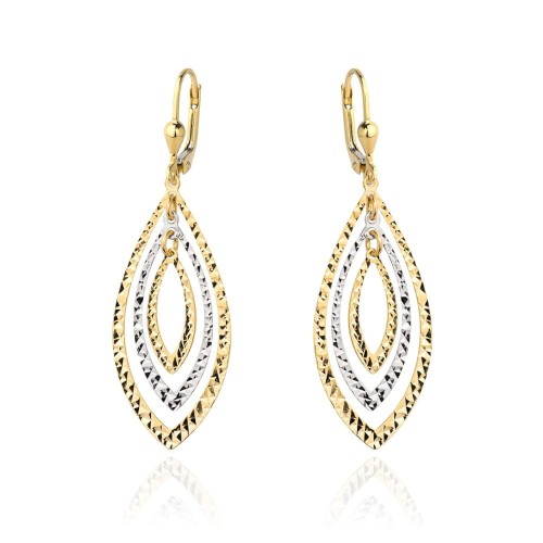 Kolczyki złote listki diamentowane z białym złotem próba 585 wiszące angielskie