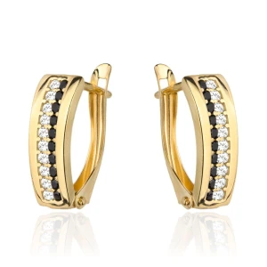 Kolczyki złote z białymi cyrkoniami i czarnymi kamieniami na angielskim zapięciu 585
