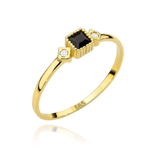 Pierścionek złoty czarny kamień w oprawie kuleczek i romby z cyrkoniami 585