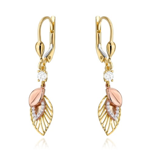 Kolczyki złote listki zdobione cyrkoniami w trzech kolorach złota 585