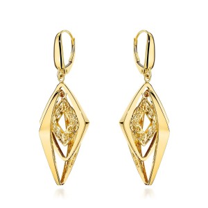 Kolczyki złote potrójne gładkie romby zdobione ażurem