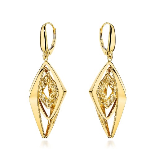 Kolczyki złote potrójne gładkie romby zdobione ażurem