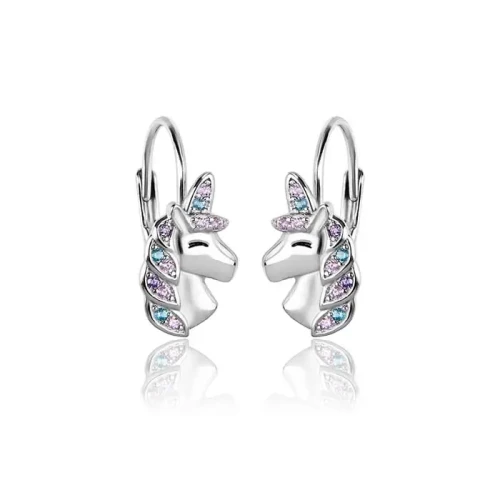 Kolczyki srebrne dla dziewczynki jednorożce angielskie zapięcie rodowane