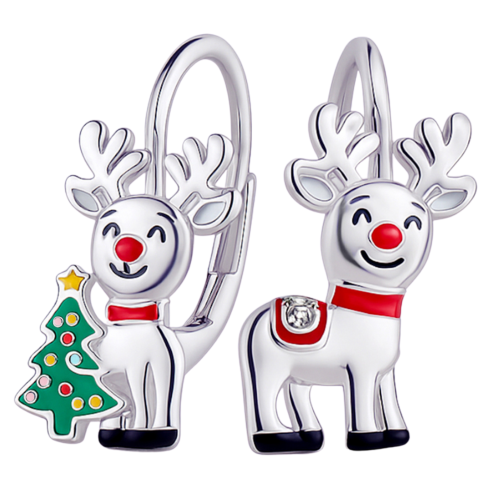 Kolczyki srebrne dla dziewczynki renifer i choinka/ Kolczyki świąteczne próba 925