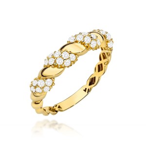 Pierścionek złoty pleciony naprzemiennie zdobiony cyrkoniami