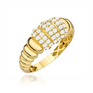 Pierścionek złoty żłobiony z potrójnym rzędem wysadzanym cyrkoniami 585