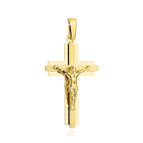 Krzyżyk złoty satynowy w błyszczącej oprawie z ukrzyżowanym Jezusem