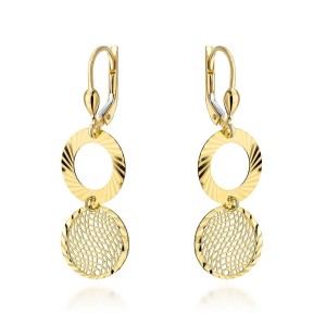 Kolczyki złote wiszące diamentowany ring i ażurowe kółko próba 585