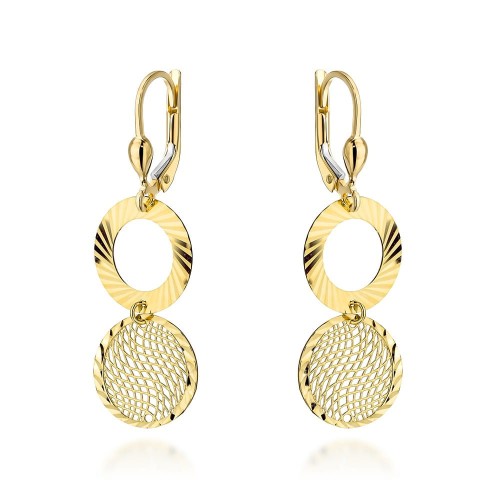 Kolczyki złote wiszące diamentowany ring i ażurowe kółko próba 585