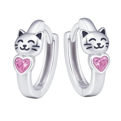 Kolczyki srebrne dla dziewczynki kółka kotki z cyrkonią zatrzask 925