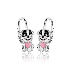 Kolczyki srebrne dla dziewczynki Piesek z sercem angielskie 925