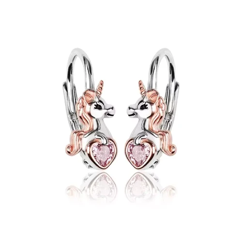 Kolczyki srebrne dla dziewczynki Jednorożce z różową cyrkonią Golden Rose.webp