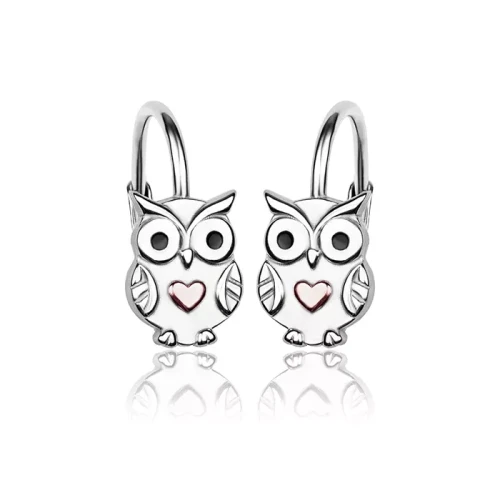 Kolczyki srebrne dla dziewczynki Sowy z serduszkiem angielskie 925.webp