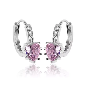Kolczyki srebrne kółka z serduszkiem różowa cyrkonia 13 mm