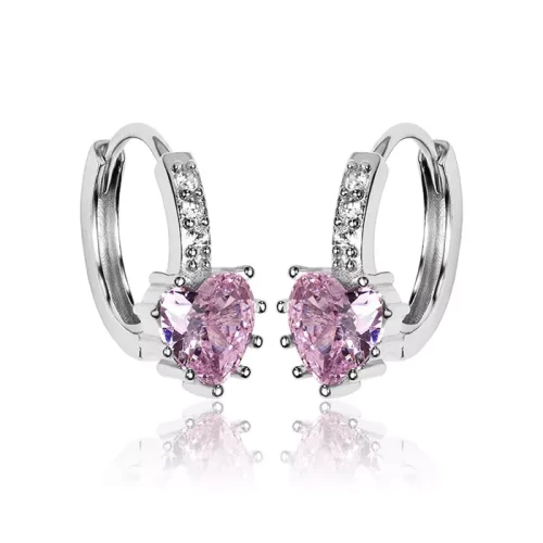 Kolczyki srebrne kółka z serduszkiem różowa cyrkonia 13 mm